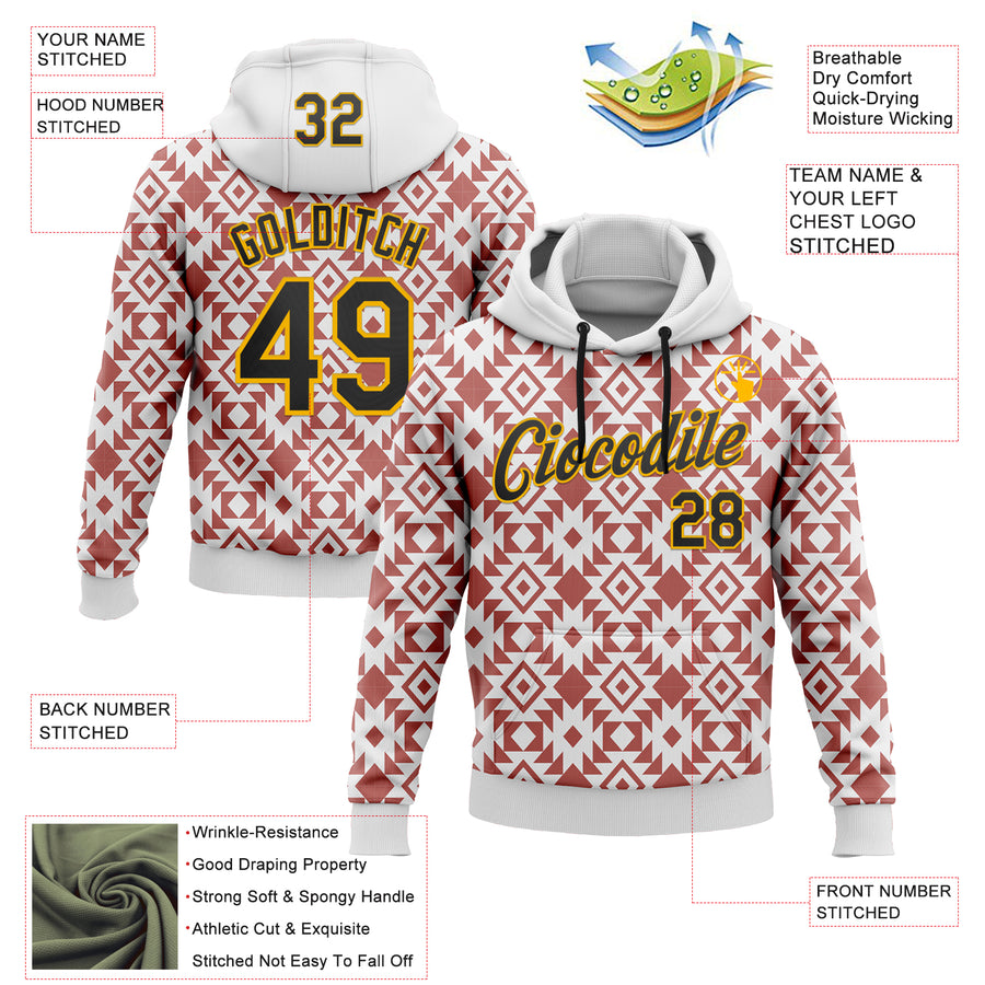 Custom Stitched White Black Red-Gold 3D Mexico Aztec Pattern Sports Pullover Sweatshirt Hoodie