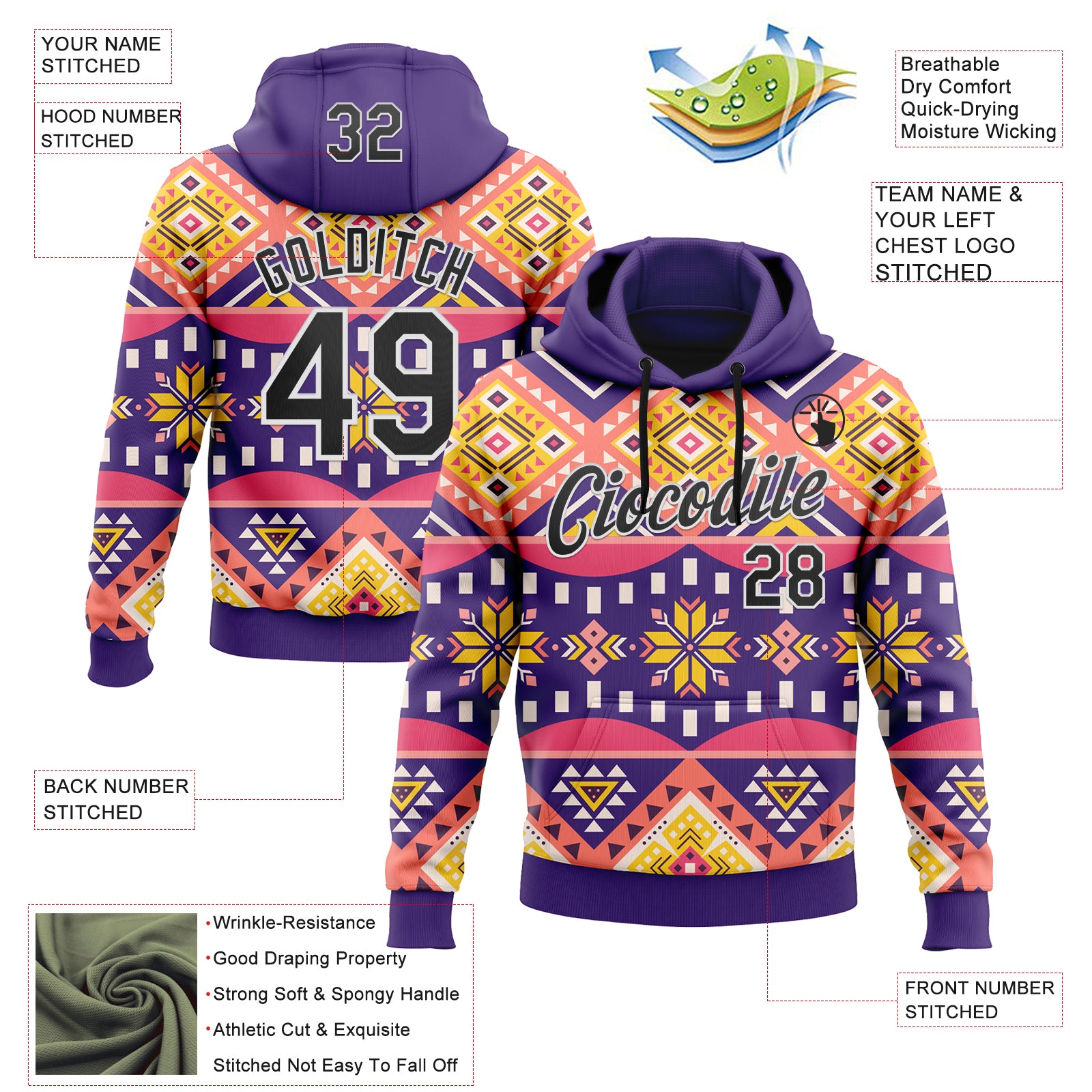 Custom Stitched Purple Black Pink Yellow-White 3D Mexico Aztec Pattern Sports Pullover Sweatshirt Hoodie