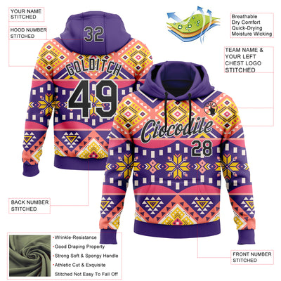 Custom Stitched Purple Black Pink Yellow-White 3D Mexico Aztec Pattern Sports Pullover Sweatshirt Hoodie