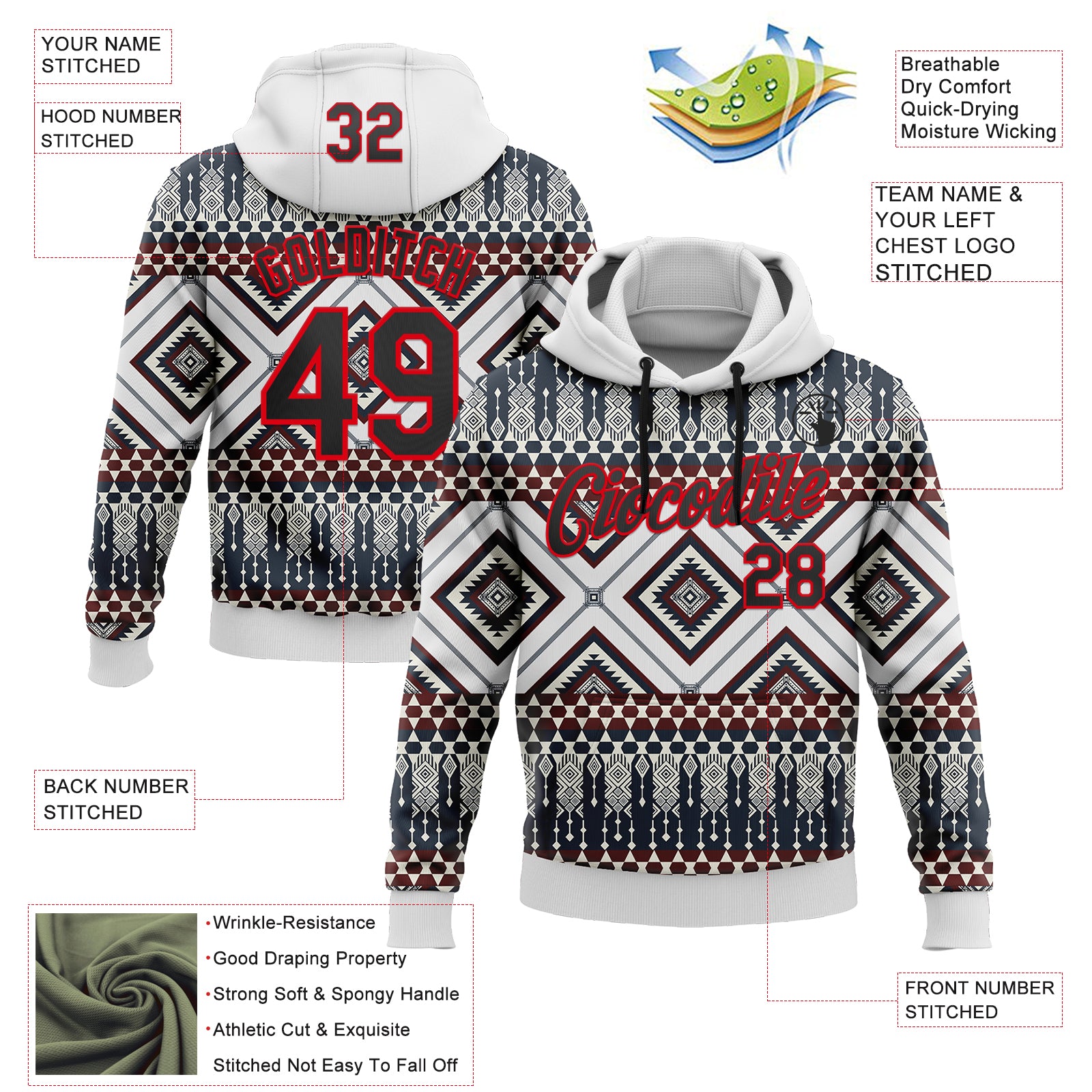 Custom Stitched White Black Gray Blue-Fire Red 3D Mexico Aztec Pattern Sports Pullover Sweatshirt Hoodie