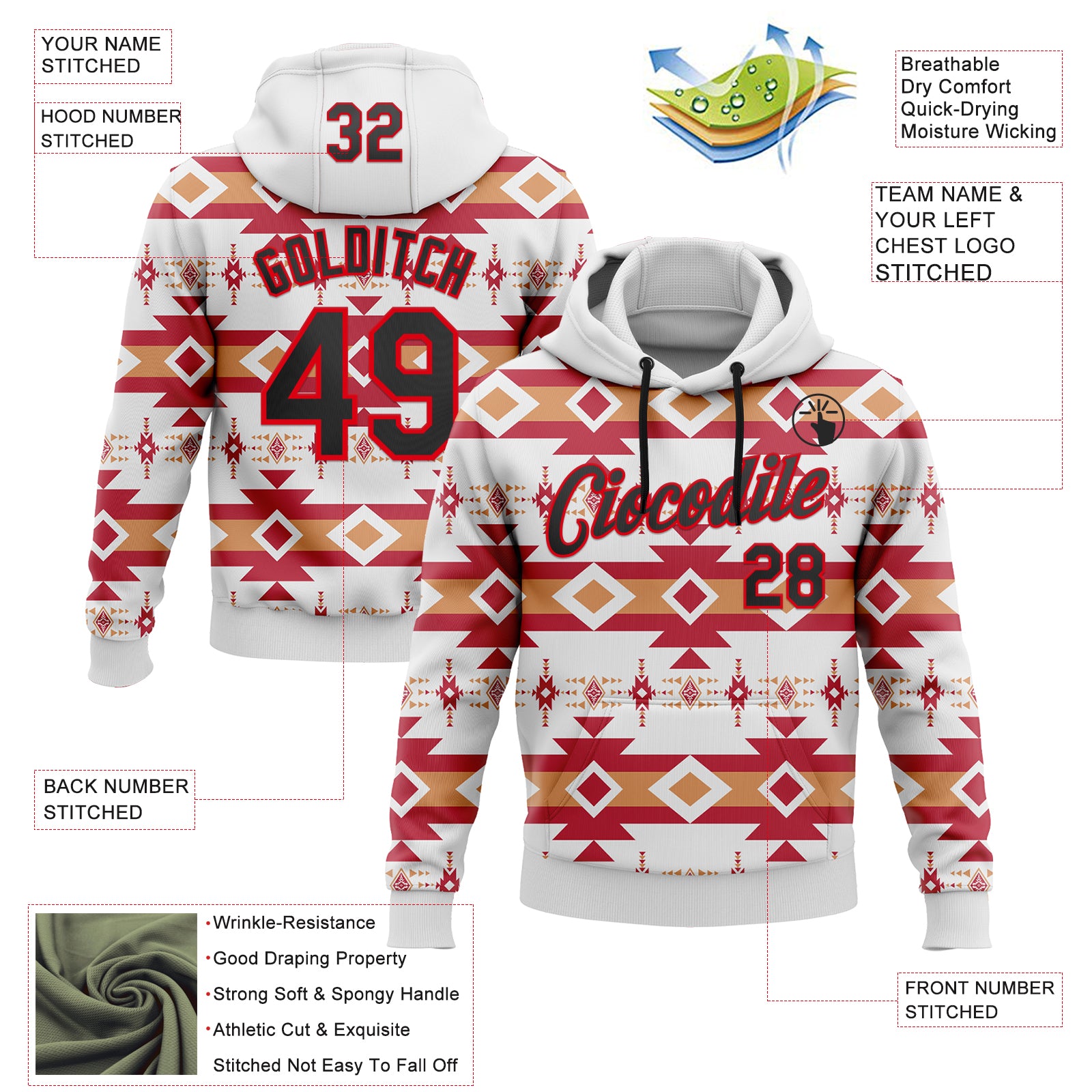 Custom Stitched White Black Orange-Fire Red 3D Mexico Aztec Pattern Sports Pullover Sweatshirt Hoodie