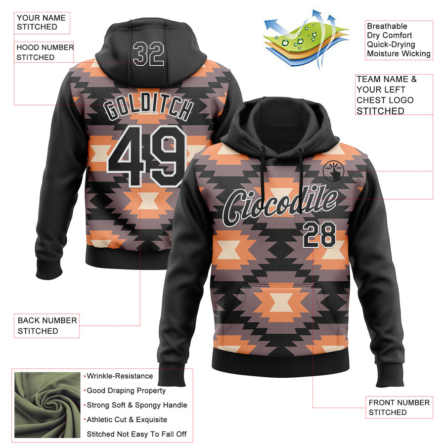 Custom Stitched Black Gray Orange-White 3D Mexico Aztec Pattern Sports Pullover Sweatshirt Hoodie