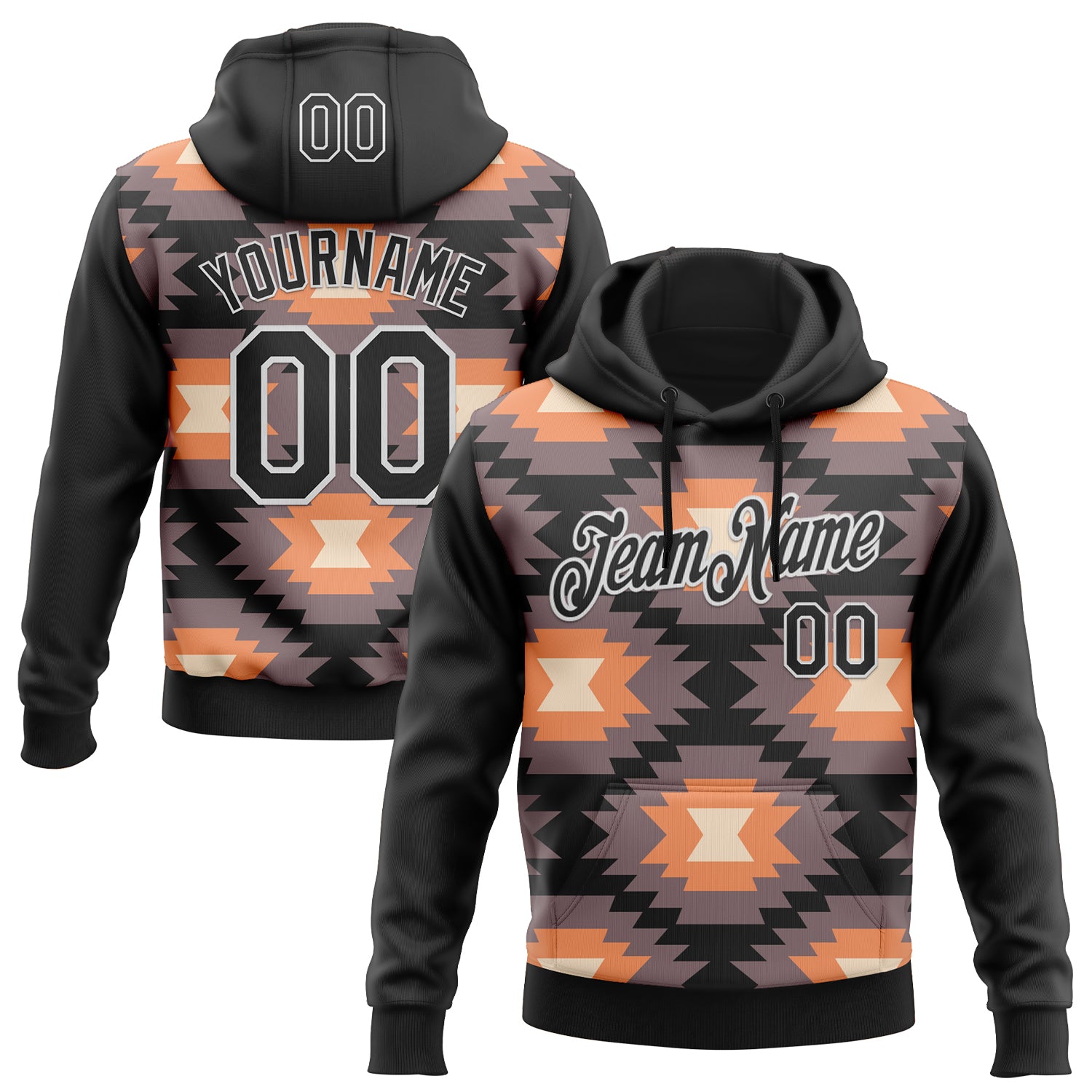 Custom Stitched Black Gray Orange-White 3D Mexico Aztec Pattern Sports Pullover Sweatshirt Hoodie