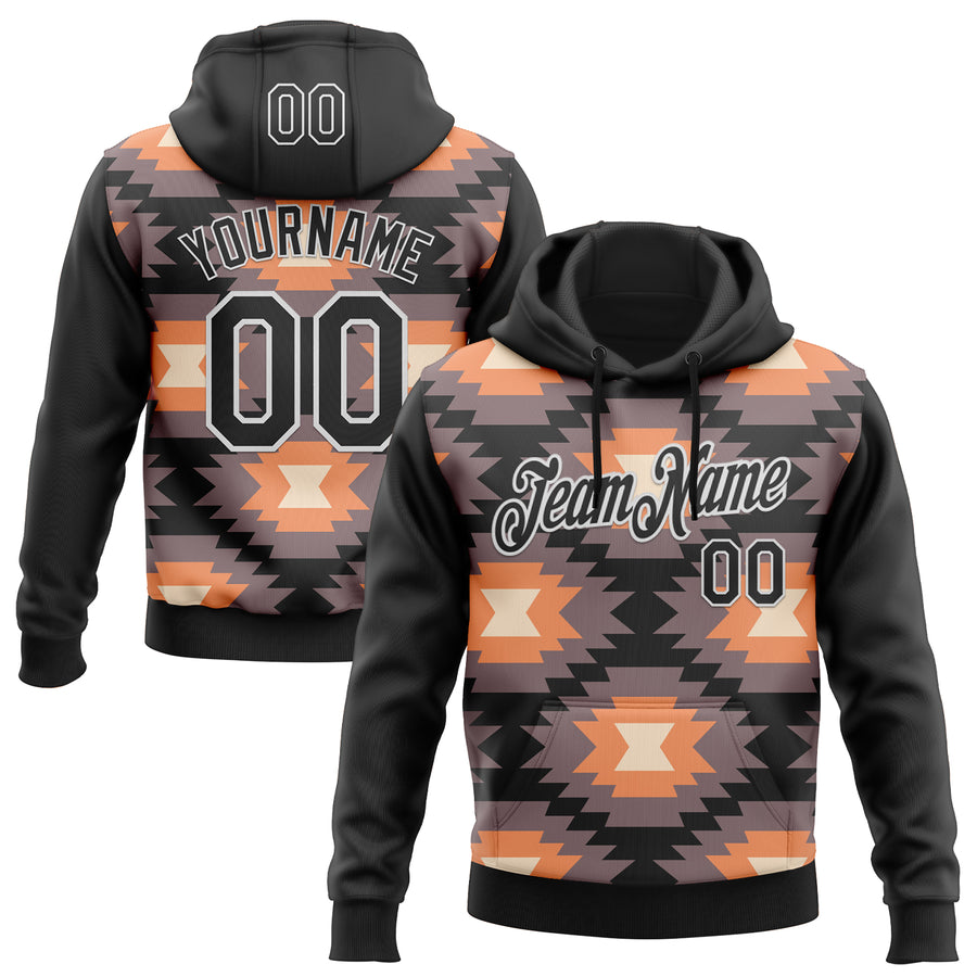 Custom Stitched Black Gray Orange-White 3D Mexico Aztec Pattern Sports Pullover Sweatshirt Hoodie
