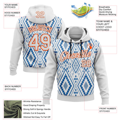 Custom Stitched White Blue-Orange 3D Mexico Aztec Pattern Sports Pullover Sweatshirt Hoodie