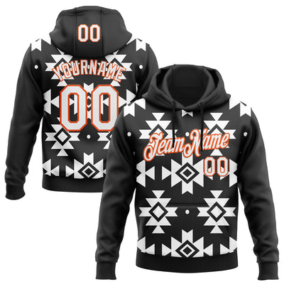 Custom Stitched Black White-Orange 3D Mexico Aztec Pattern Sports Pullover Sweatshirt Hoodie