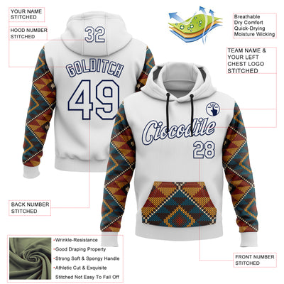 Custom Stitched White Yellow Red Blue-Navy 3D Mexico Aztec Pattern Sports Pullover Sweatshirt Hoodie