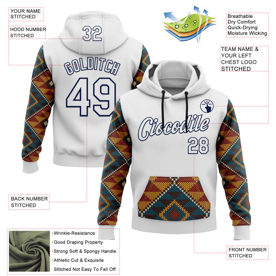 Custom Stitched White Yellow Red Blue-Navy 3D Mexico Aztec Pattern Sports Pullover Sweatshirt Hoodie