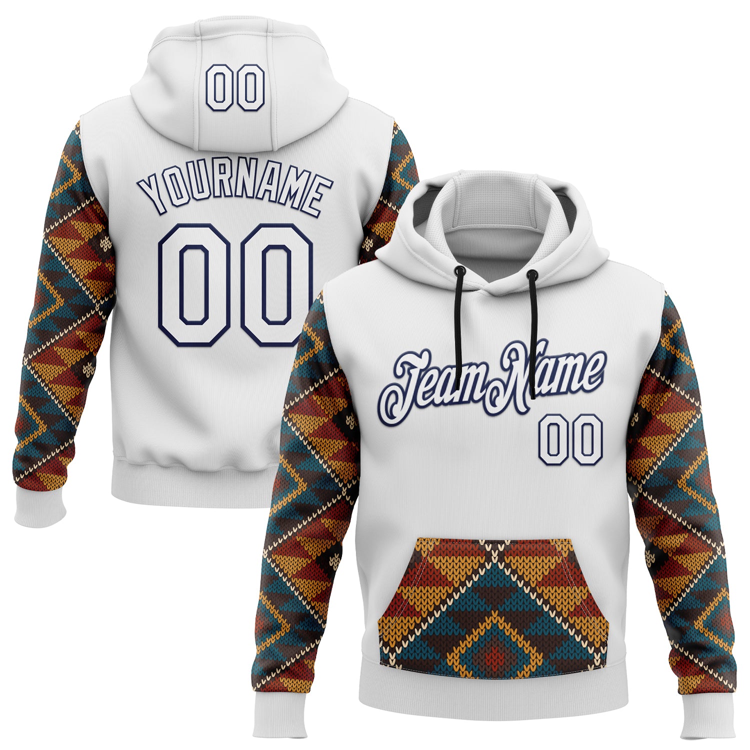 Custom Stitched White Yellow Red Blue-Navy 3D Mexico Aztec Pattern Sports Pullover Sweatshirt Hoodie