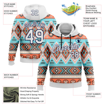 Custom Stitched White Gray Orange Blue-Navy 3D Mexico Aztec Pattern Sports Pullover Sweatshirt Hoodie