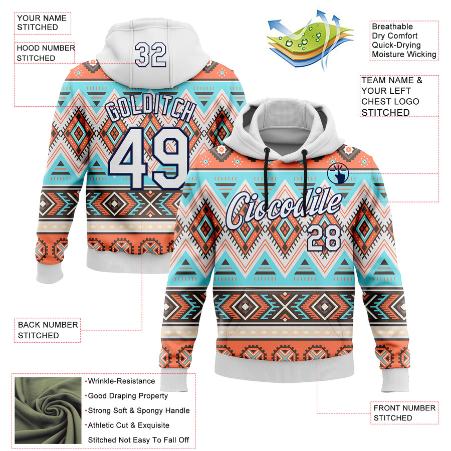 Custom Stitched White Gray Orange Blue-Navy 3D Mexico Aztec Pattern Sports Pullover Sweatshirt Hoodie