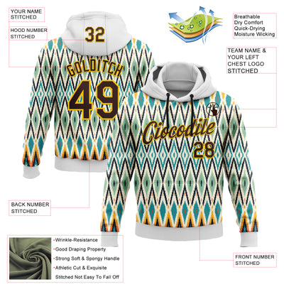 Custom Stitched White Brown Blue-Yellow 3D Mexico Aztec Pattern Sports Pullover Sweatshirt Hoodie