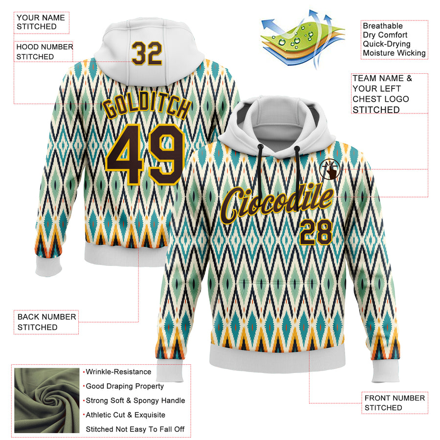 Custom Stitched White Brown Blue-Yellow 3D Mexico Aztec Pattern Sports Pullover Sweatshirt Hoodie
