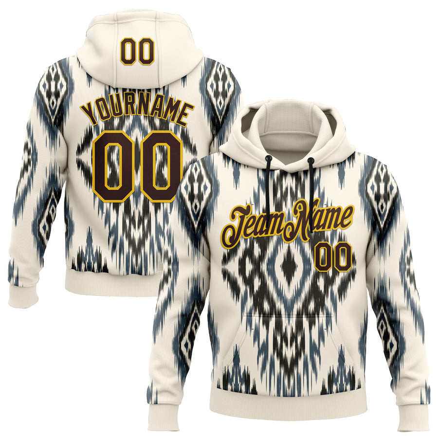 Custom Stitched Cream Brown Blue-Yellow 3D Mexico Aztec Pattern Sports Pullover Sweatshirt Hoodie