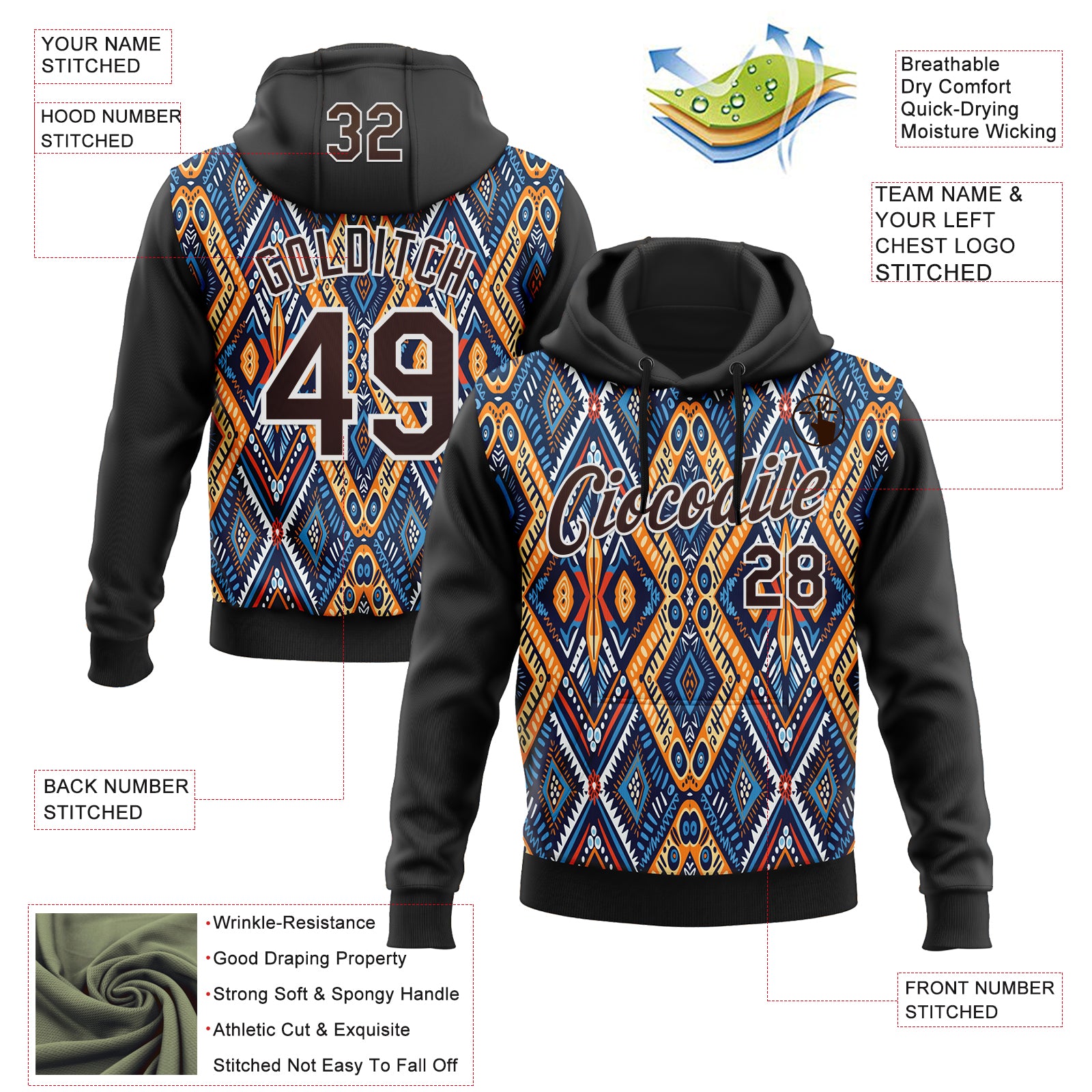 Custom Stitched Black Brown Blue Orange-White 3D Mexico Aztec Pattern Sports Pullover Sweatshirt Hoodie