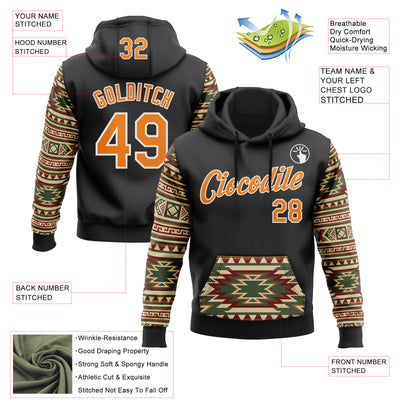 Custom Stitched Black Bay Orange Cream Red Green-White 3D Mexico Aztec Pattern Sports Pullover Sweatshirt Hoodie