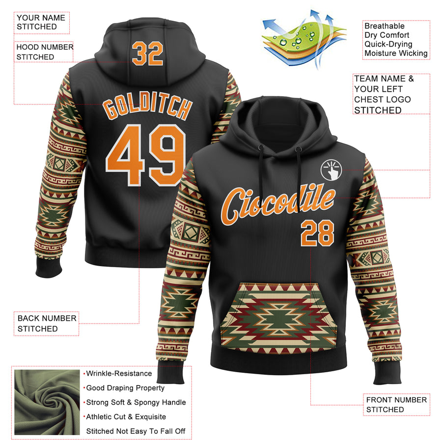 Custom Stitched Black Bay Orange Cream Red Green-White 3D Mexico Aztec Pattern Sports Pullover Sweatshirt Hoodie