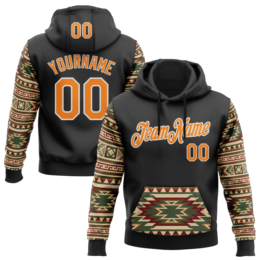 Custom Stitched Black Bay Orange Cream Red Green-White 3D Mexico Aztec Pattern Sports Pullover Sweatshirt Hoodie