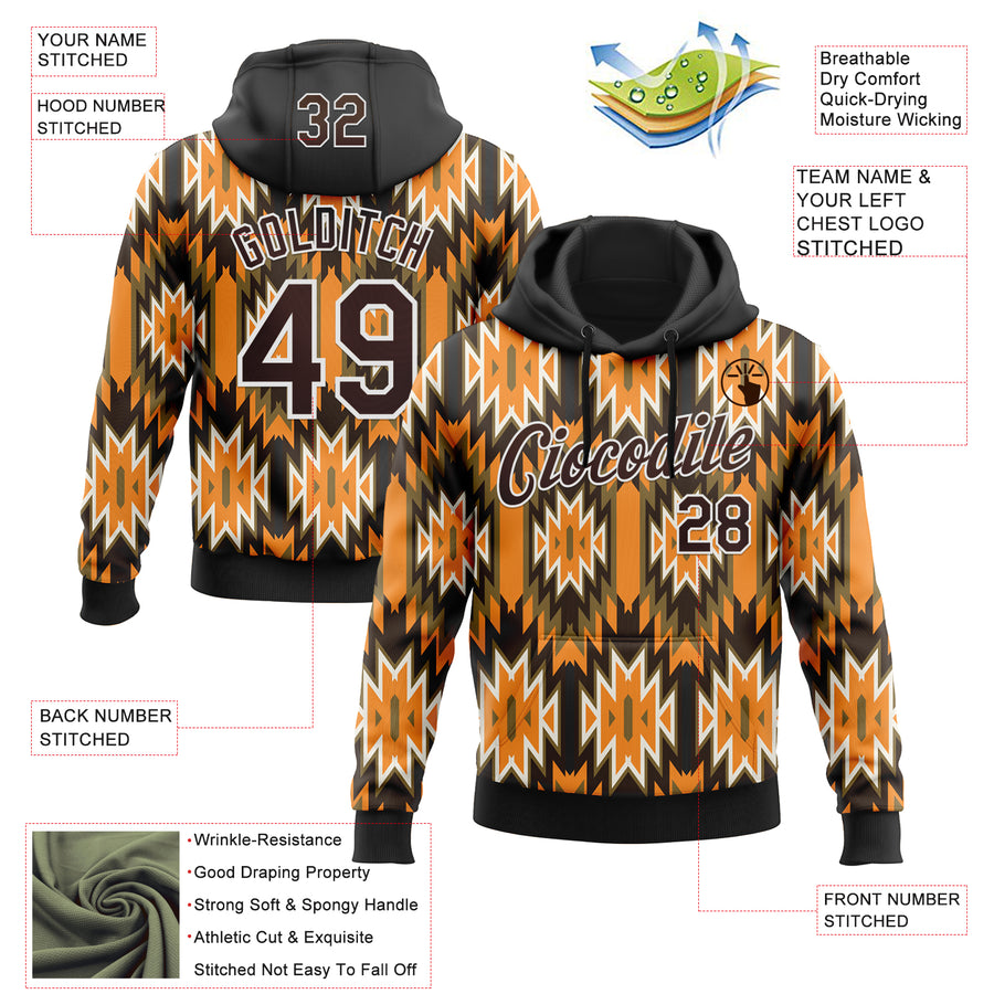 Custom Stitched Black Brown Orange Green-White 3D Mexico Aztec Pattern Sports Pullover Sweatshirt Hoodie