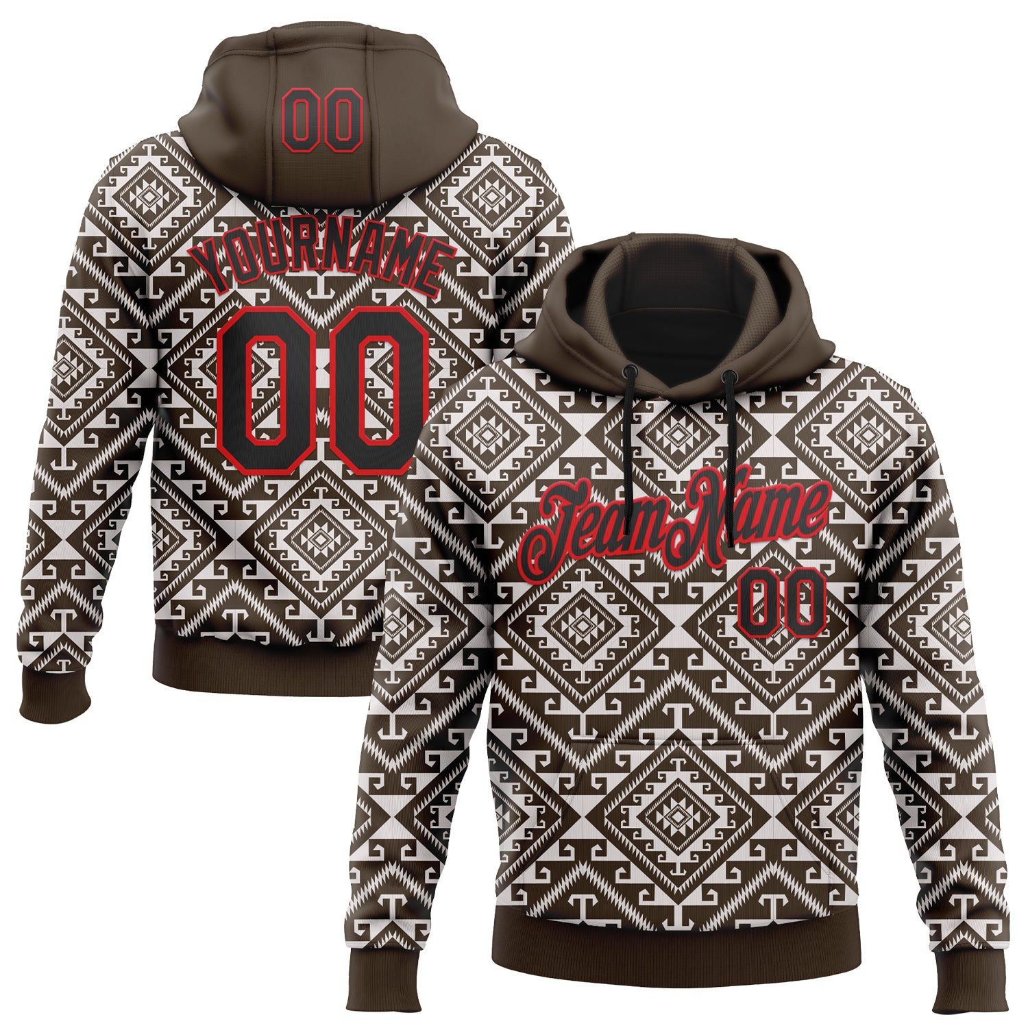 Custom Stitched Brown Black White-Fire Red 3D Mexico Aztec Pattern Sports Pullover Sweatshirt Hoodie