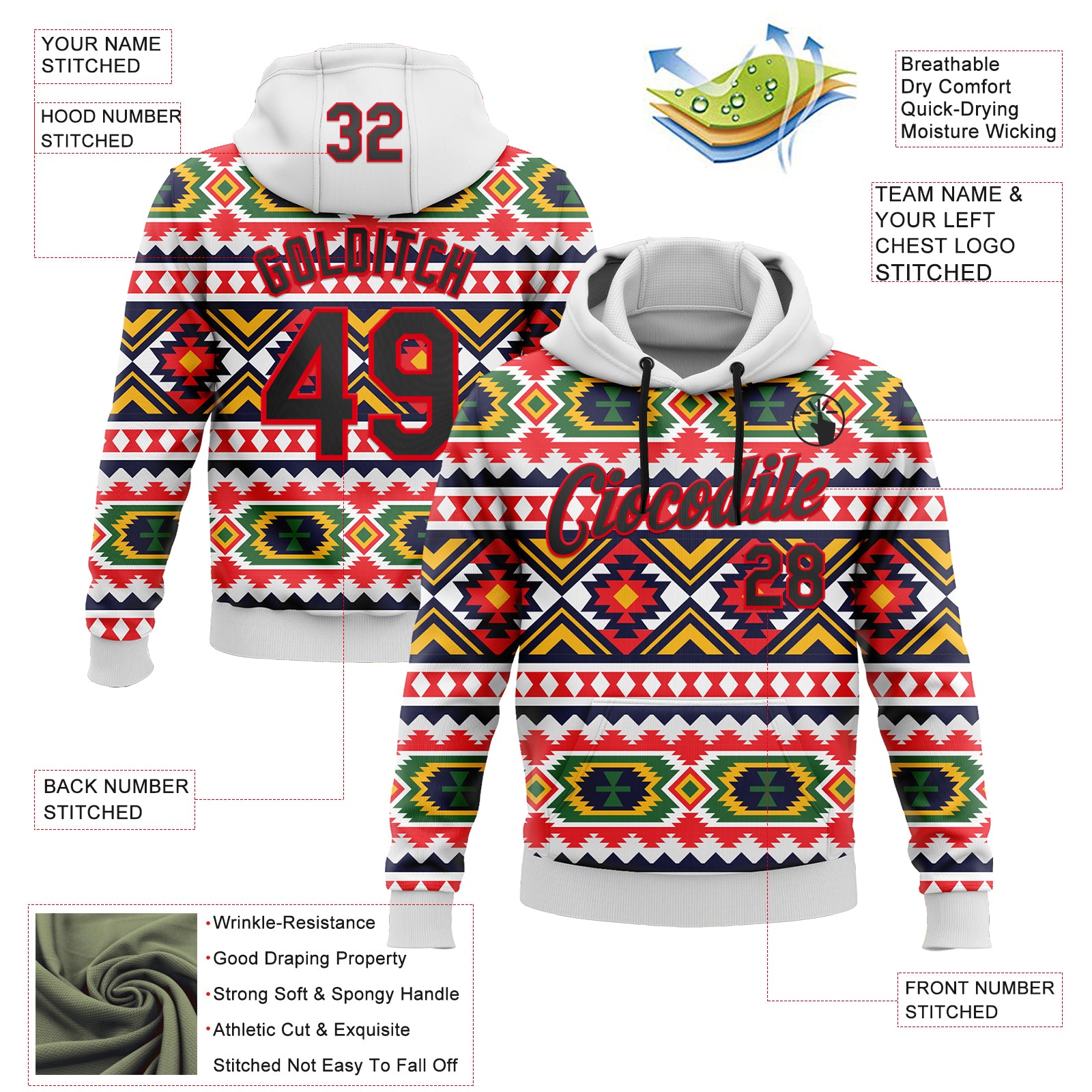 Custom Stitched White Black Yellow Green-Fire Red 3D Mexico Aztec Pattern Sports Pullover Sweatshirt Hoodie