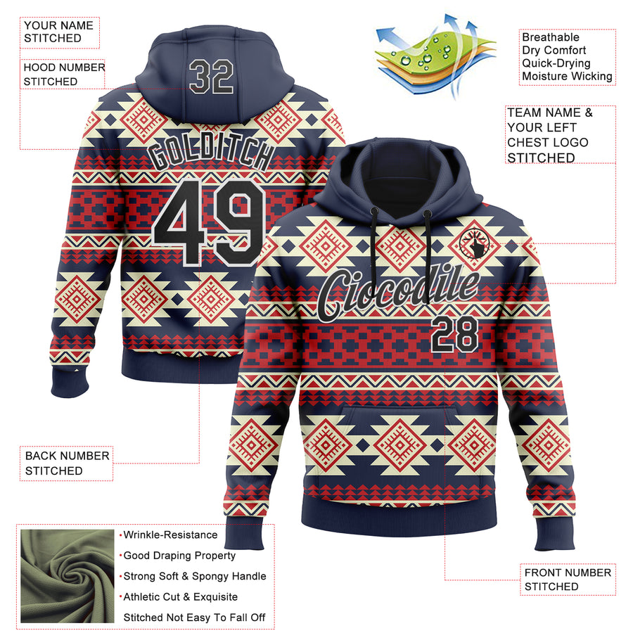 Custom Stitched Navy Black Red-White 3D Mexico Aztec Pattern Sports Pullover Sweatshirt Hoodie