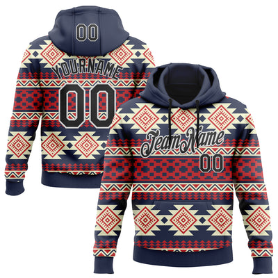 Custom Stitched Navy Black Red-White 3D Mexico Aztec Pattern Sports Pullover Sweatshirt Hoodie