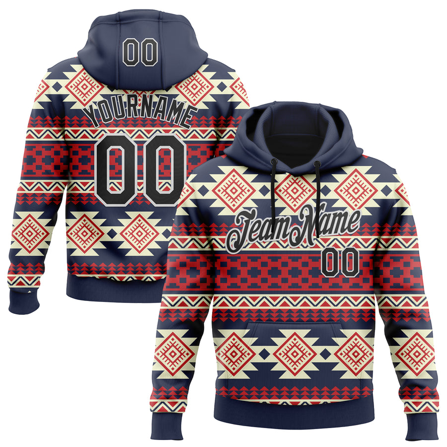 Custom Stitched Navy Black Red-White 3D Mexico Aztec Pattern Sports Pullover Sweatshirt Hoodie