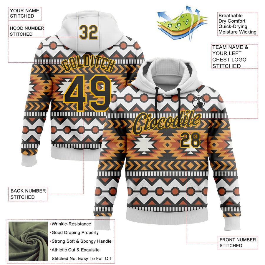 Custom Stitched White Black Orange-Gold 3D Mexico Aztec Pattern Sports Pullover Sweatshirt Hoodie