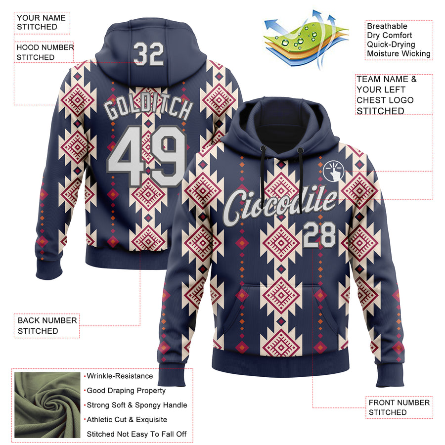 Custom Stitched Navy White Cream Red-Steel Gray 3D Mexico Aztec Pattern Sports Pullover Sweatshirt Hoodie
