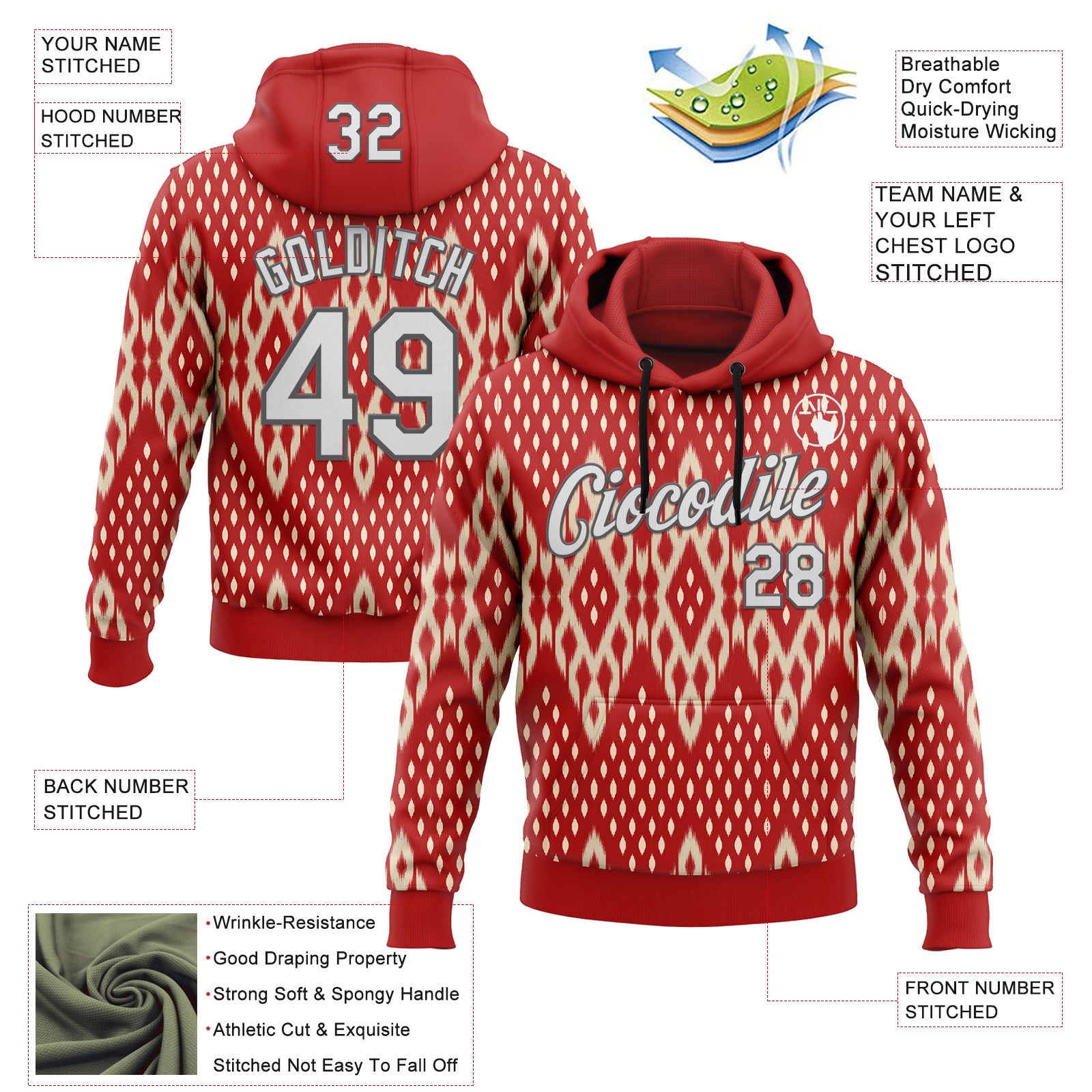 Custom Stitched Red White Cream-Steel Gray 3D Mexico Aztec Pattern Sports Pullover Sweatshirt Hoodie