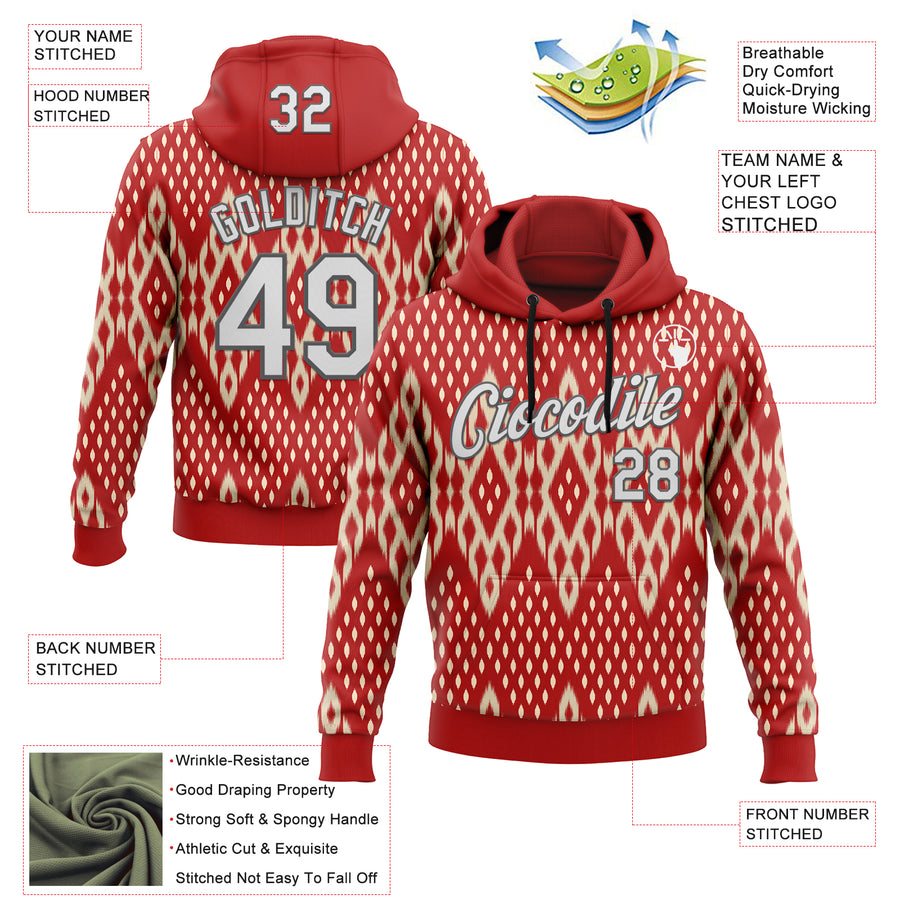 Custom Stitched Red White Cream-Steel Gray 3D Mexico Aztec Pattern Sports Pullover Sweatshirt Hoodie