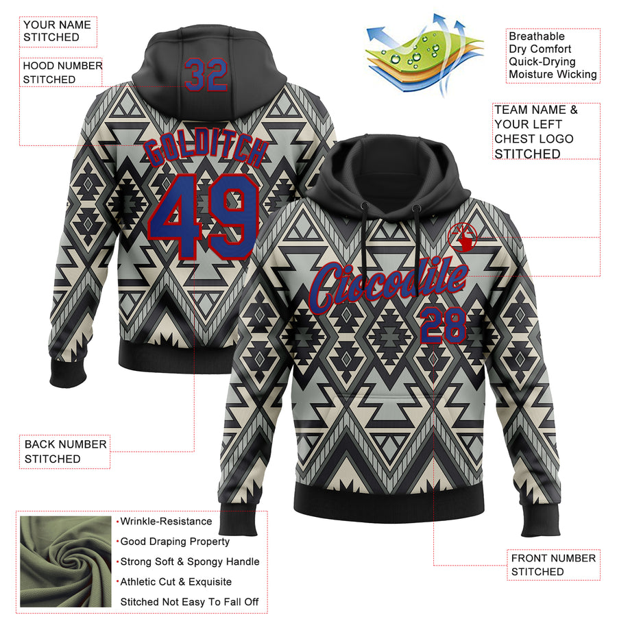 Custom Stitched Black Royal Gray-Red 3D Mexico Aztec Pattern Sports Pullover Sweatshirt Hoodie