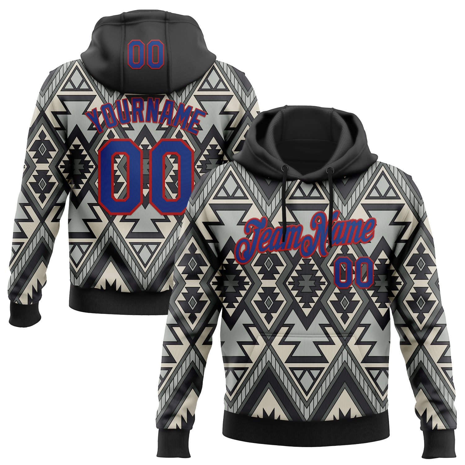 Custom Stitched Black Royal Gray-Red 3D Mexico Aztec Pattern Sports Pullover Sweatshirt Hoodie
