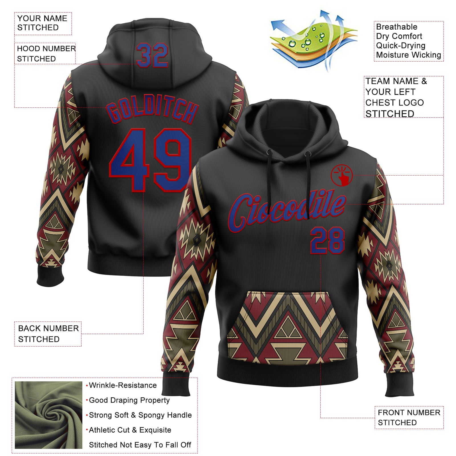 Custom Stitched Black Royal Cream Gray-Red 3D Mexico Aztec Pattern Sports Pullover Sweatshirt Hoodie