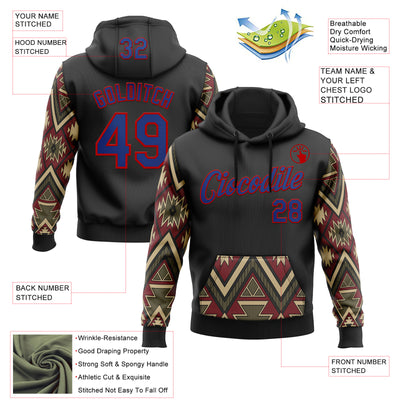 Custom Stitched Black Royal Cream Gray-Red 3D Mexico Aztec Pattern Sports Pullover Sweatshirt Hoodie