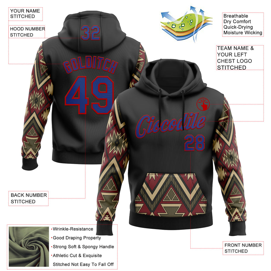 Custom Stitched Black Royal Cream Gray-Red 3D Mexico Aztec Pattern Sports Pullover Sweatshirt Hoodie