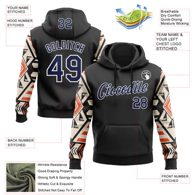 Custom Stitched Black Navy Cream Orange-White 3D Mexico Aztec Pattern Sports Pullover Sweatshirt Hoodie