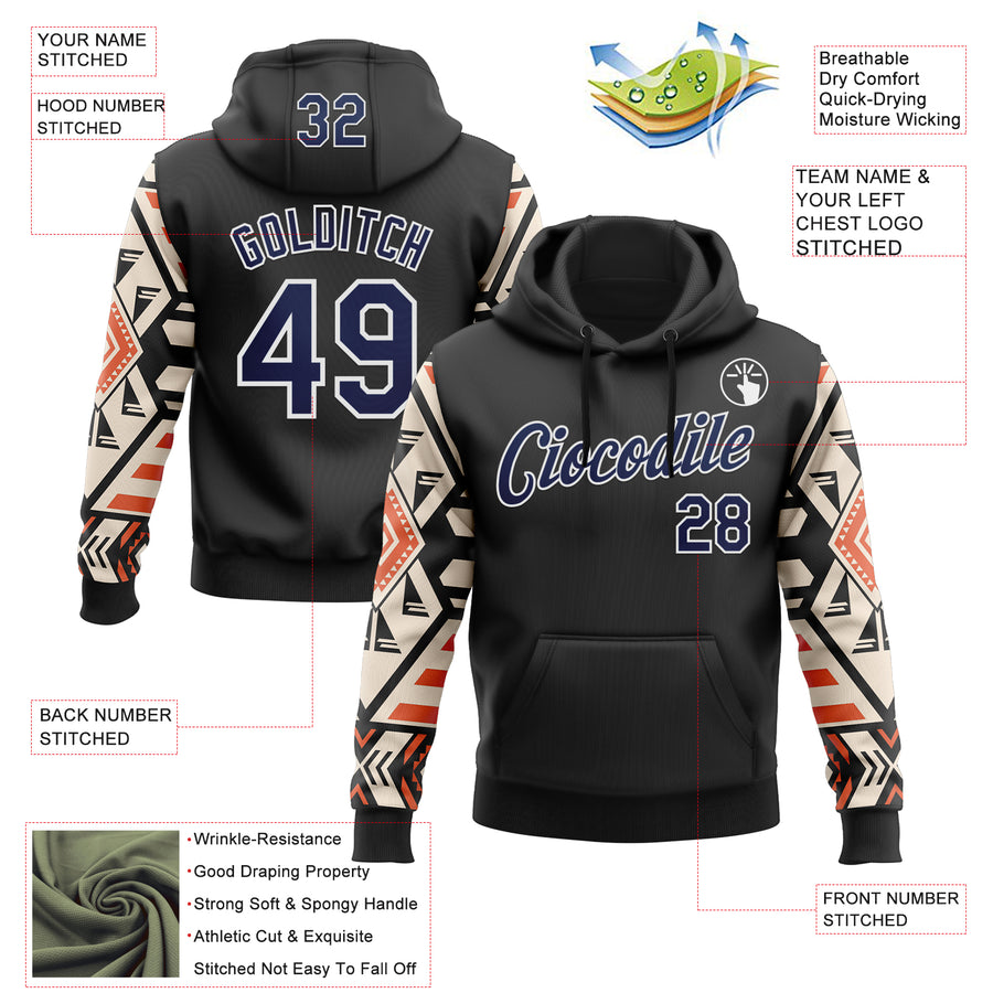 Custom Stitched Black Navy Cream Orange-White 3D Mexico Aztec Pattern Sports Pullover Sweatshirt Hoodie