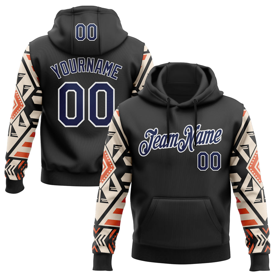Custom Stitched Black Navy Cream Orange-White 3D Mexico Aztec Pattern Sports Pullover Sweatshirt Hoodie