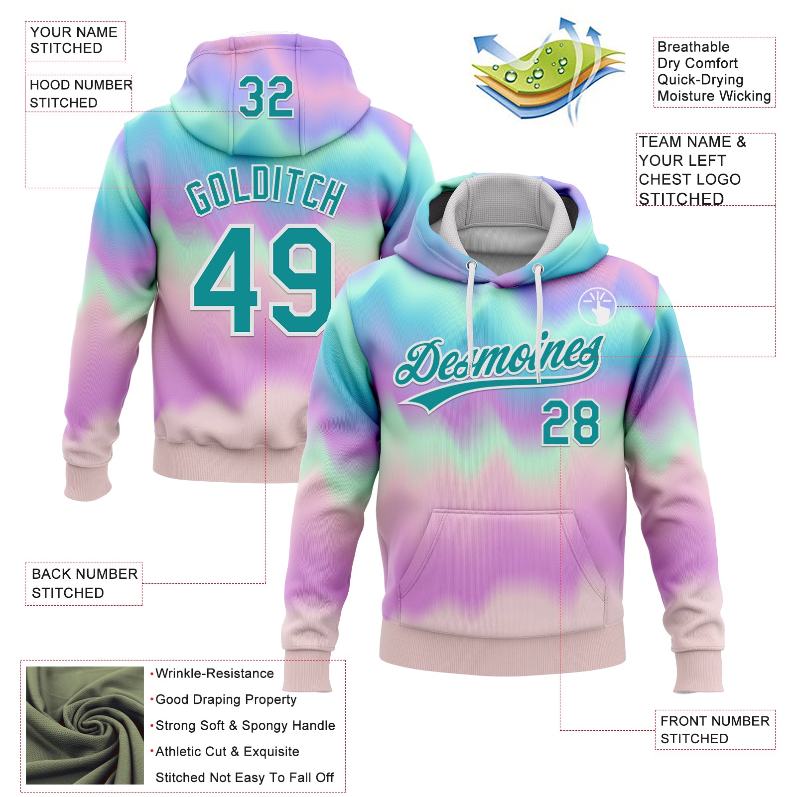 Custom Stitched Tie Dye Teal-White 3D Sports Pullover Sweatshirt Hoodie