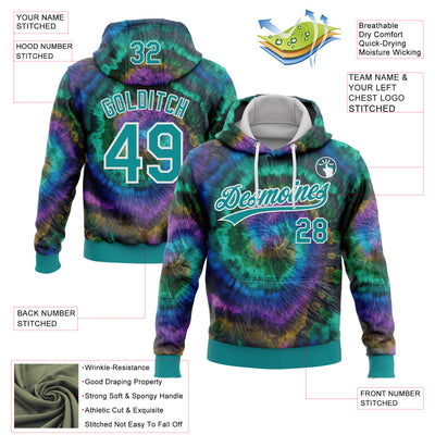 Custom Stitched Tie Dye Teal-White 3D Sports Pullover Sweatshirt Hoodie
