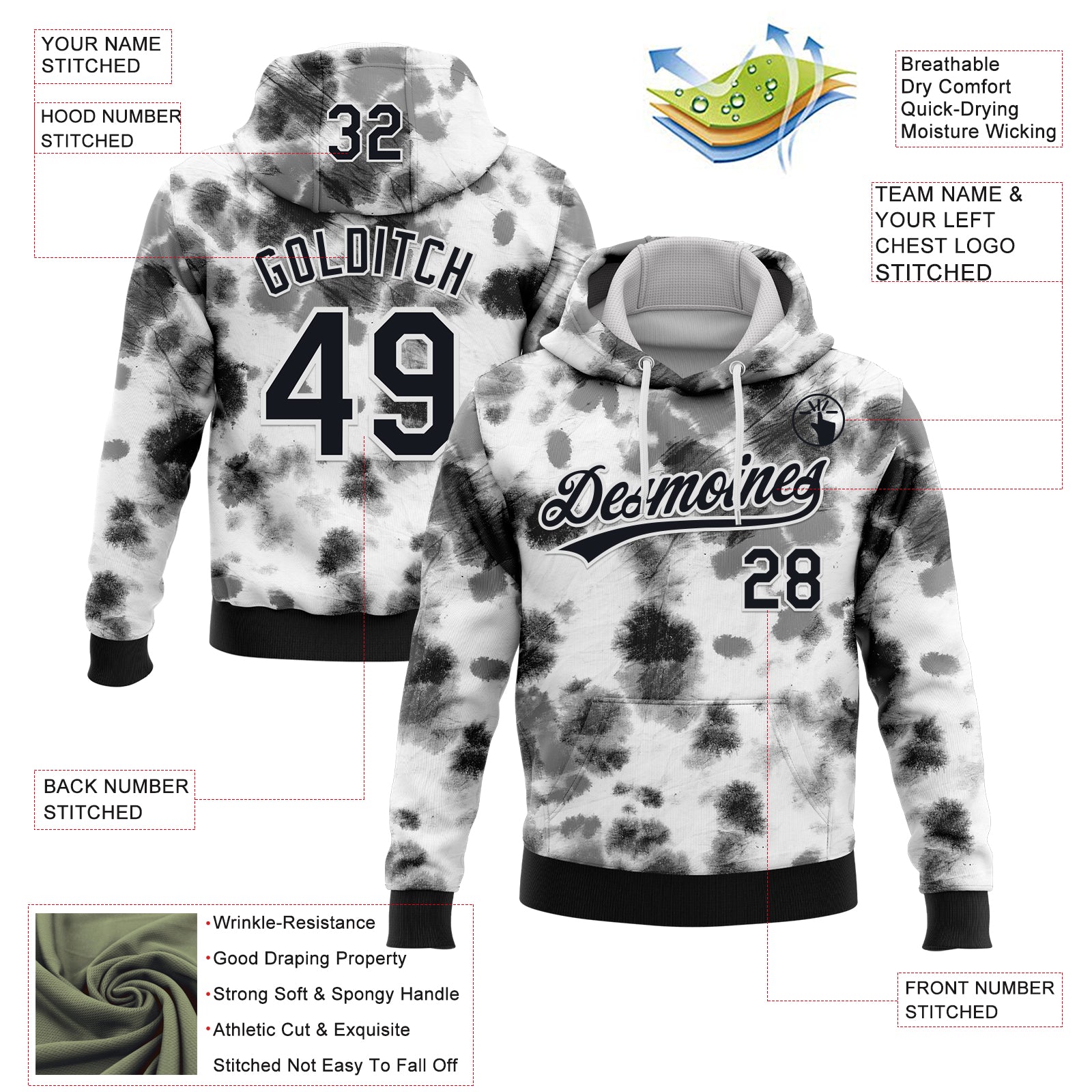 Custom Stitched Tie Dye Black-White 3D Sports Pullover Sweatshirt Hoodie