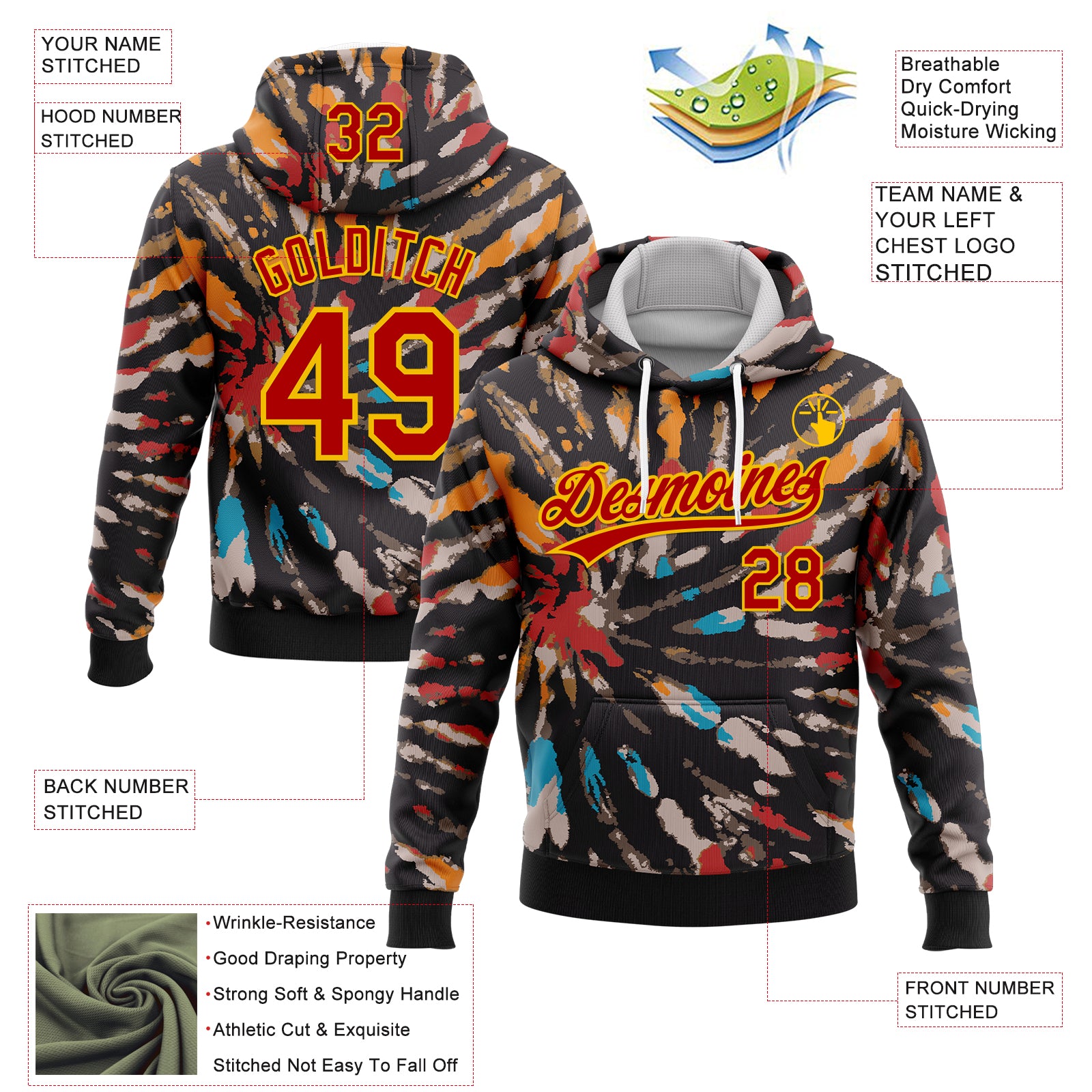 Custom Stitched Tie Dye Red-Yellow 3D Sports Pullover Sweatshirt Hoodie