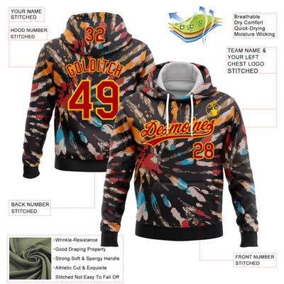 Custom Stitched Tie Dye Red-Yellow 3D Sports Pullover Sweatshirt Hoodie