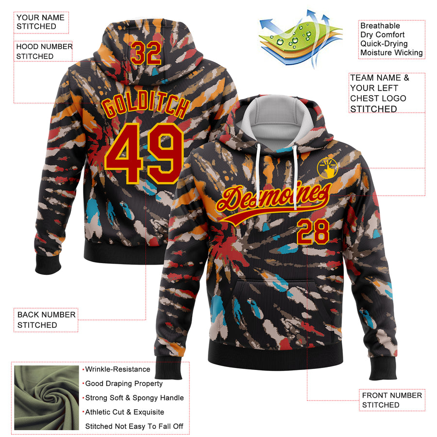 Custom Stitched Tie Dye Red-Yellow 3D Sports Pullover Sweatshirt Hoodie