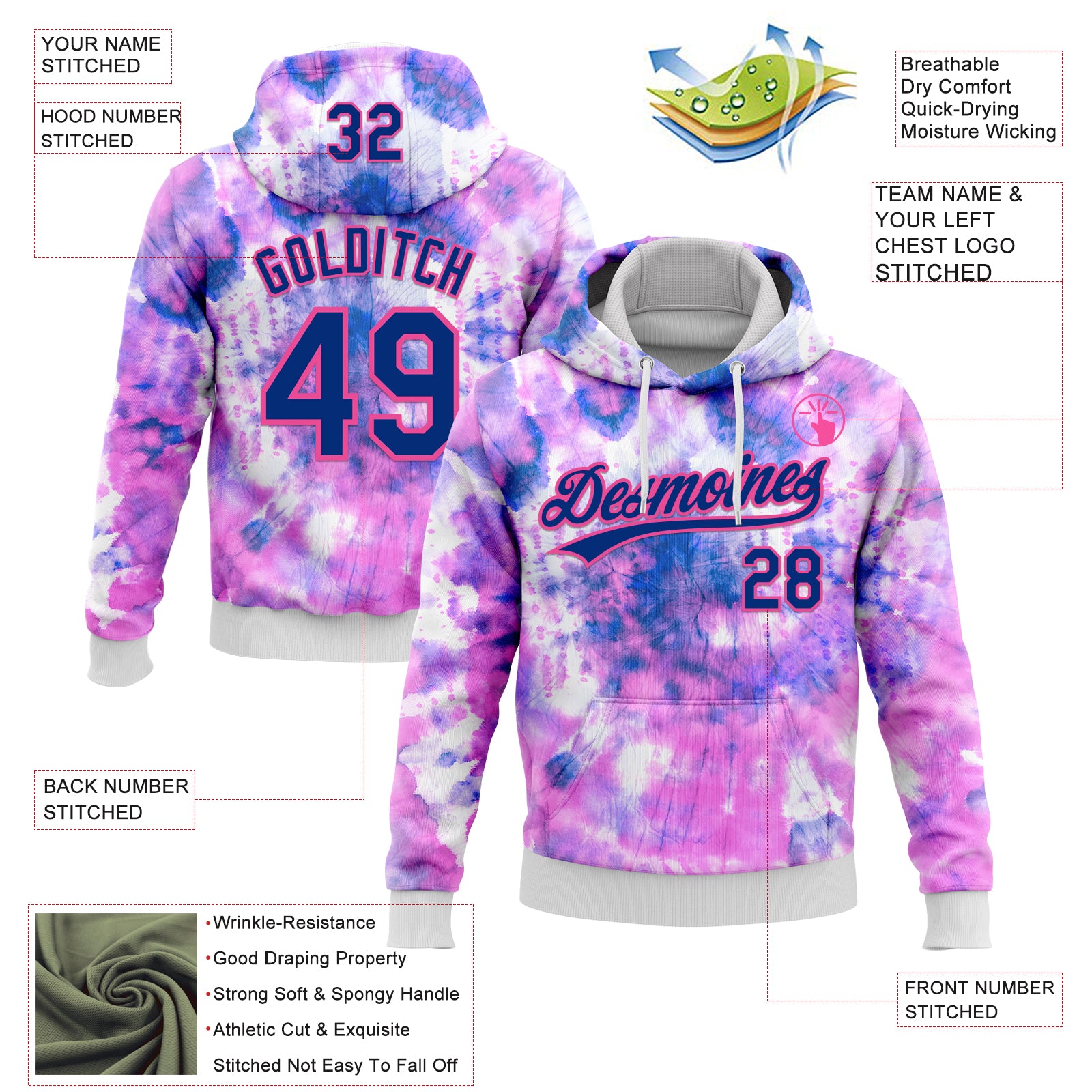 Custom Stitched Tie Dye Royal-Pink 3D Sports Pullover Sweatshirt Hoodie