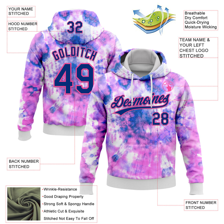 Custom Stitched Tie Dye Royal-Pink 3D Sports Pullover Sweatshirt Hoodie