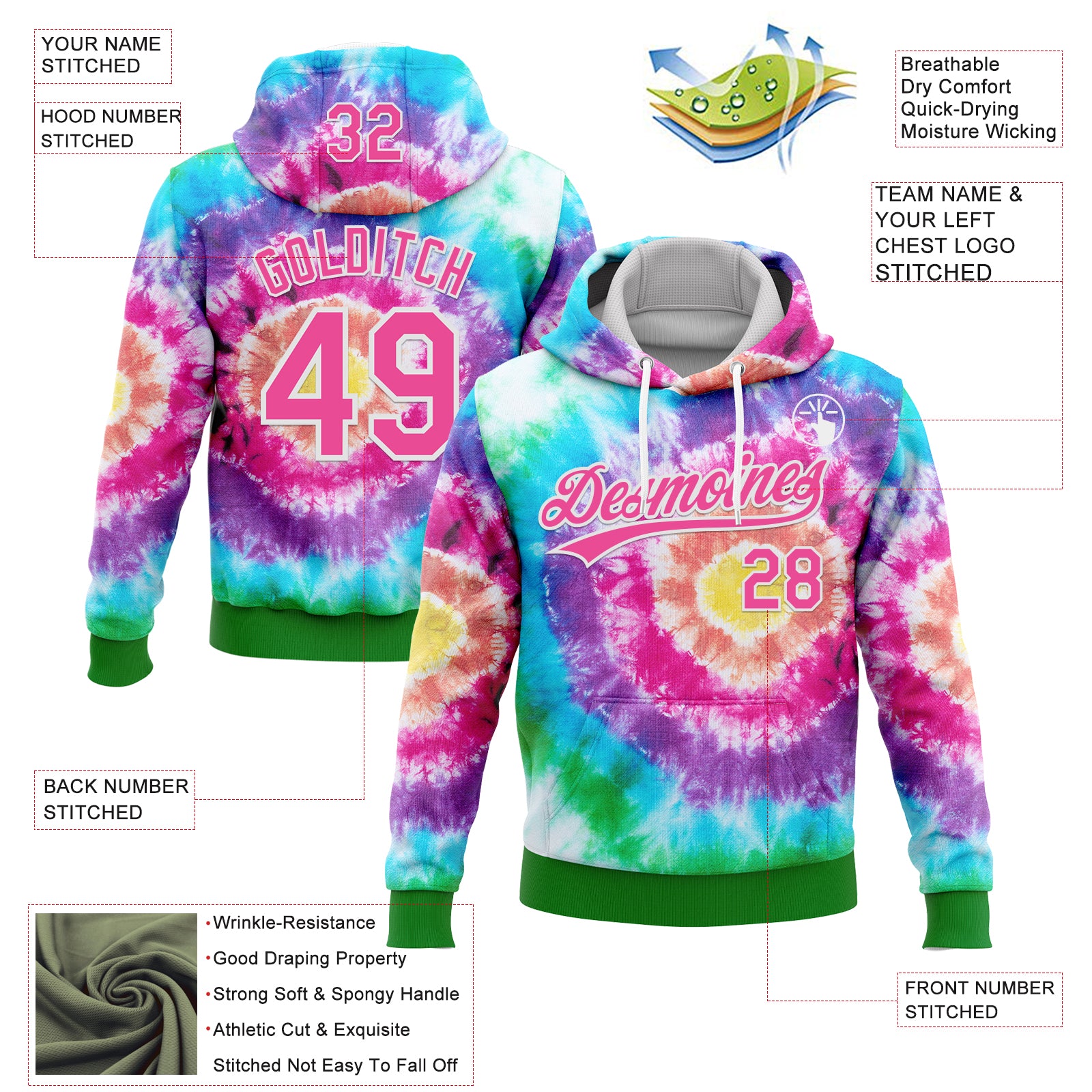 Custom Stitched Tie Dye Pink-White 3D Sports Pullover Sweatshirt Hoodie