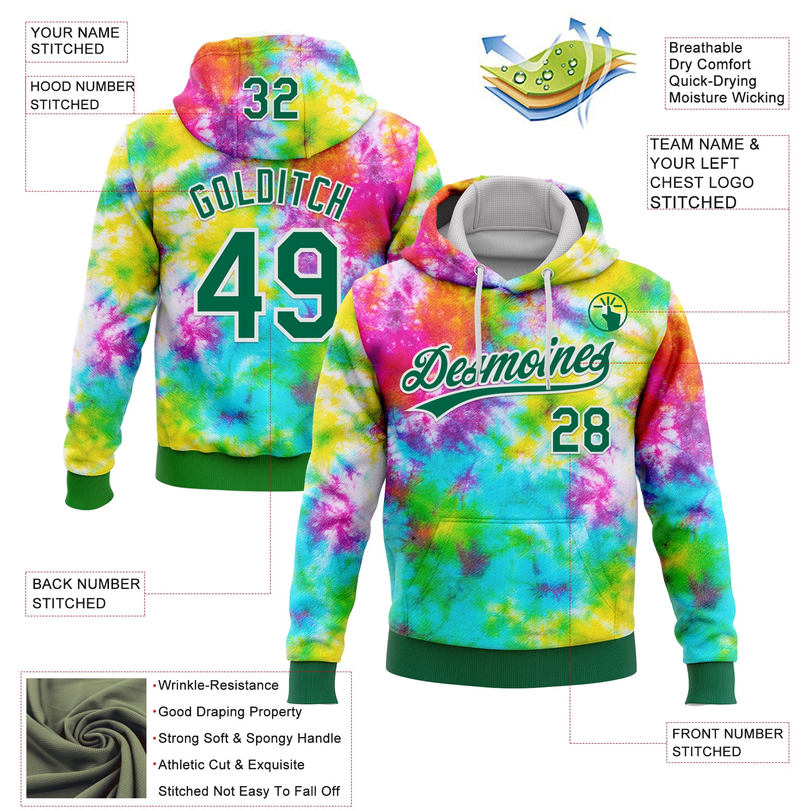 Custom Stitched Tie Dye Kelly Green-White 3D Sports Pullover Sweatshirt Hoodie